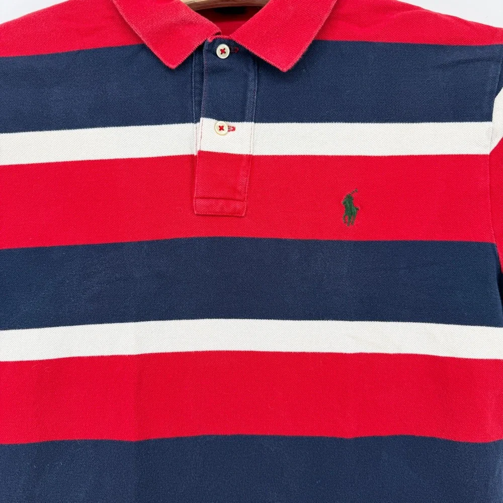 Polo Ralph Lauren Polo Shirt Mens M Red Navy Blue Striped Short Sleeve Pique